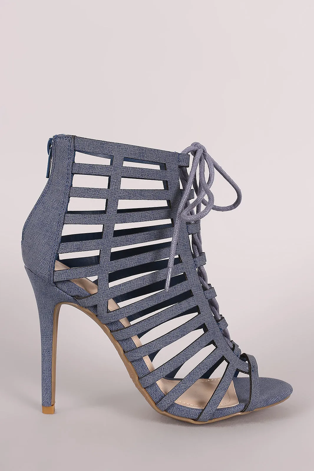 Anne Michelle Nubuck Caged Lace Up Stiletto Heel