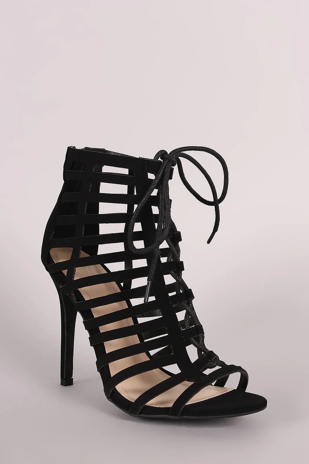 Anne Michelle Nubuck Caged Lace Up Stiletto Heel