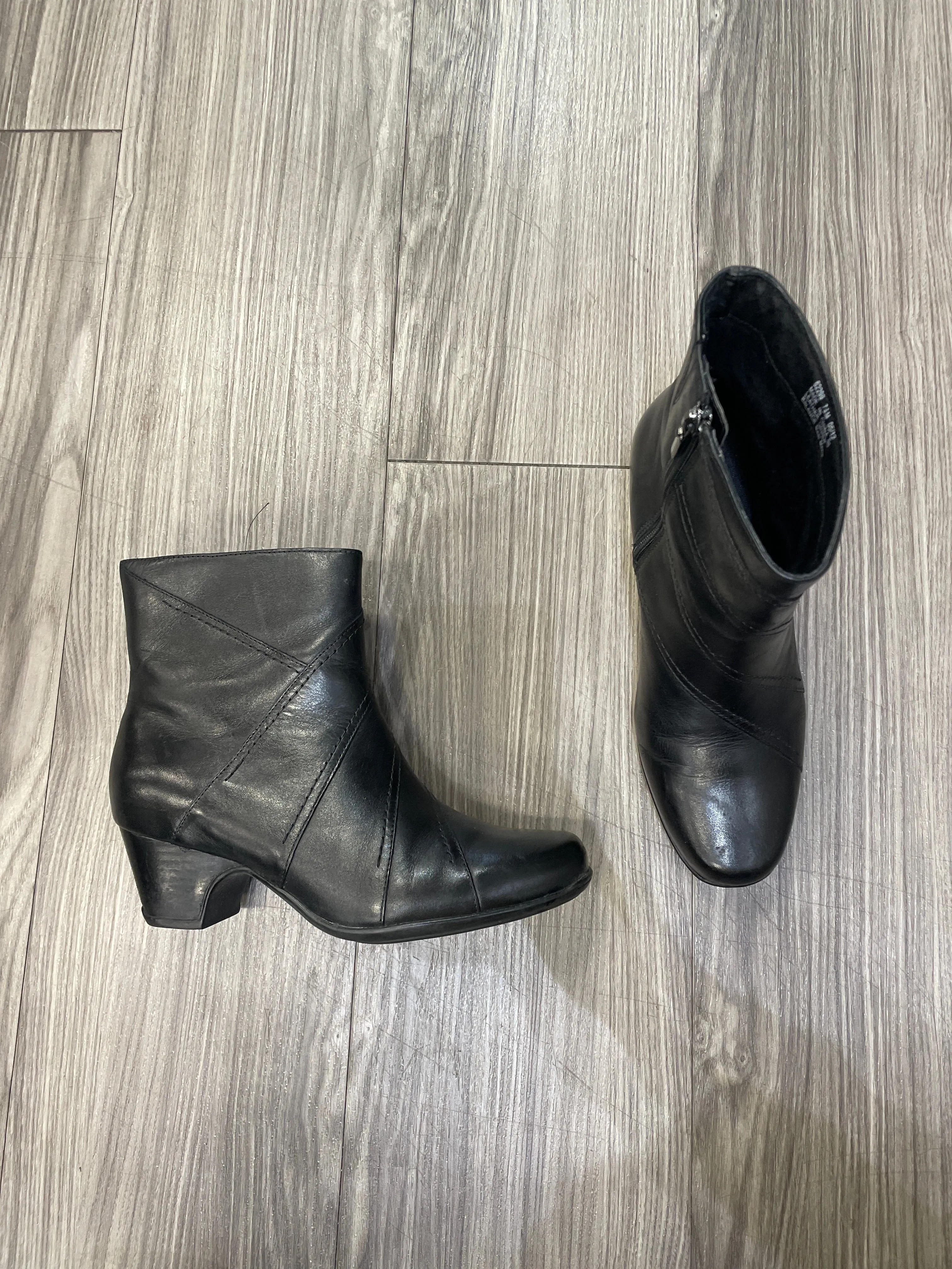 Black Boots Ankle Heels Clarks, Size 7.5