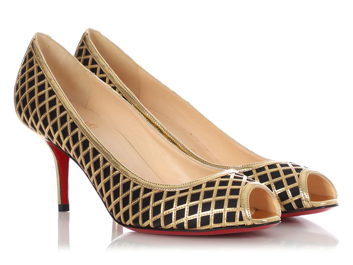 Christian Louboutin Black and Gold Net Peep Toe Pumps