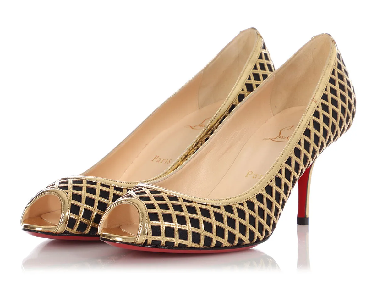 Christian Louboutin Black and Gold Net Peep Toe Pumps