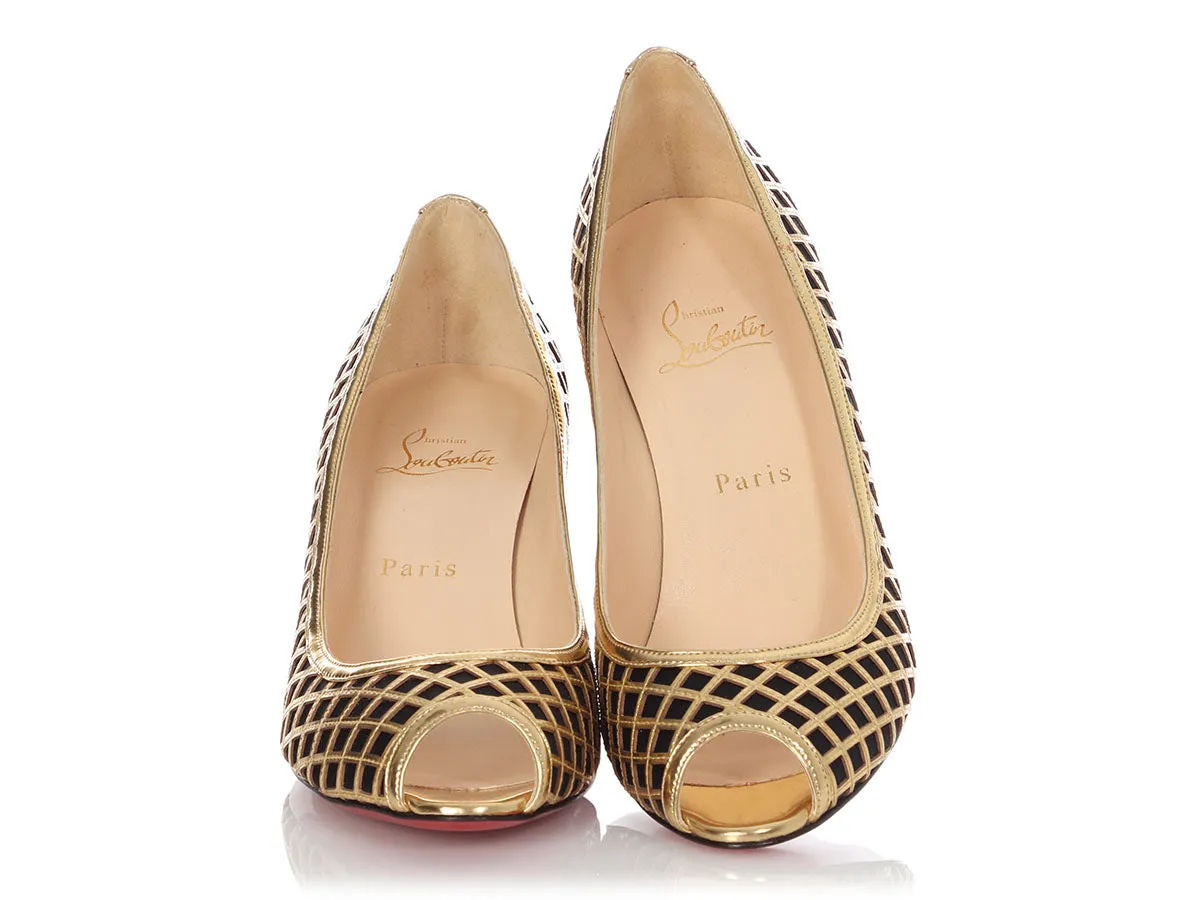 Christian Louboutin Black and Gold Net Peep Toe Pumps