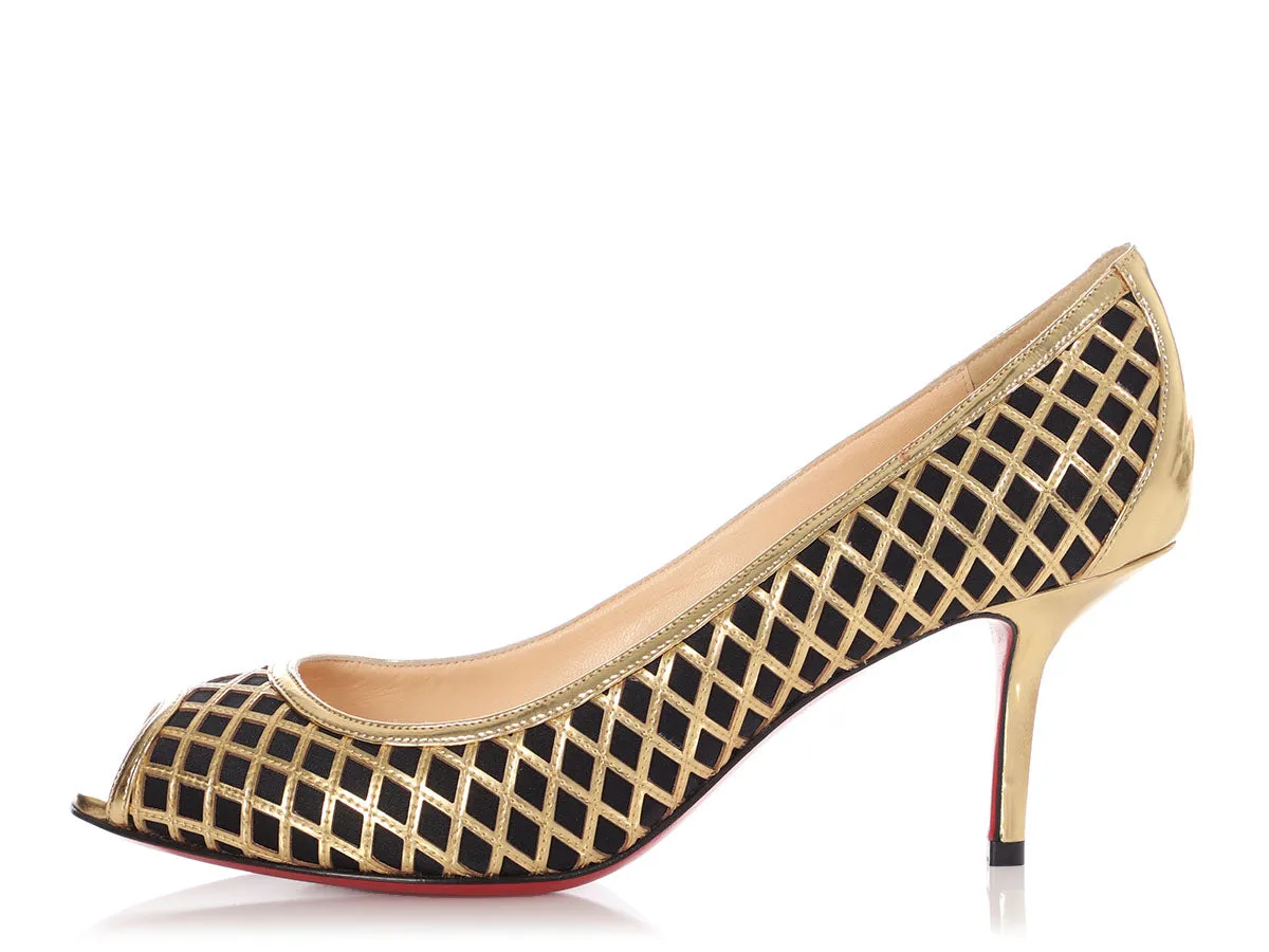 Christian Louboutin Black and Gold Net Peep Toe Pumps