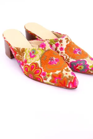 EMBROIDERED HEELED MULES ELLIE