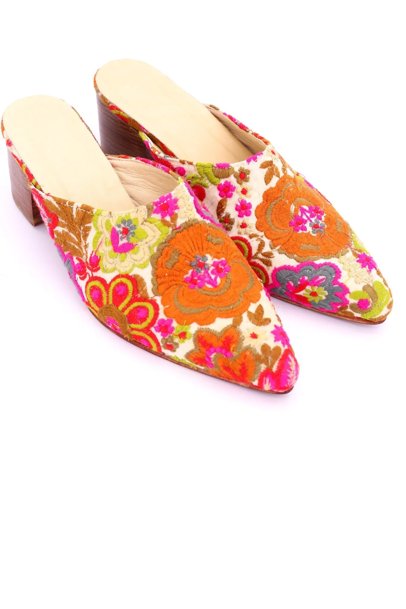 EMBROIDERED HEELED MULES ELLIE