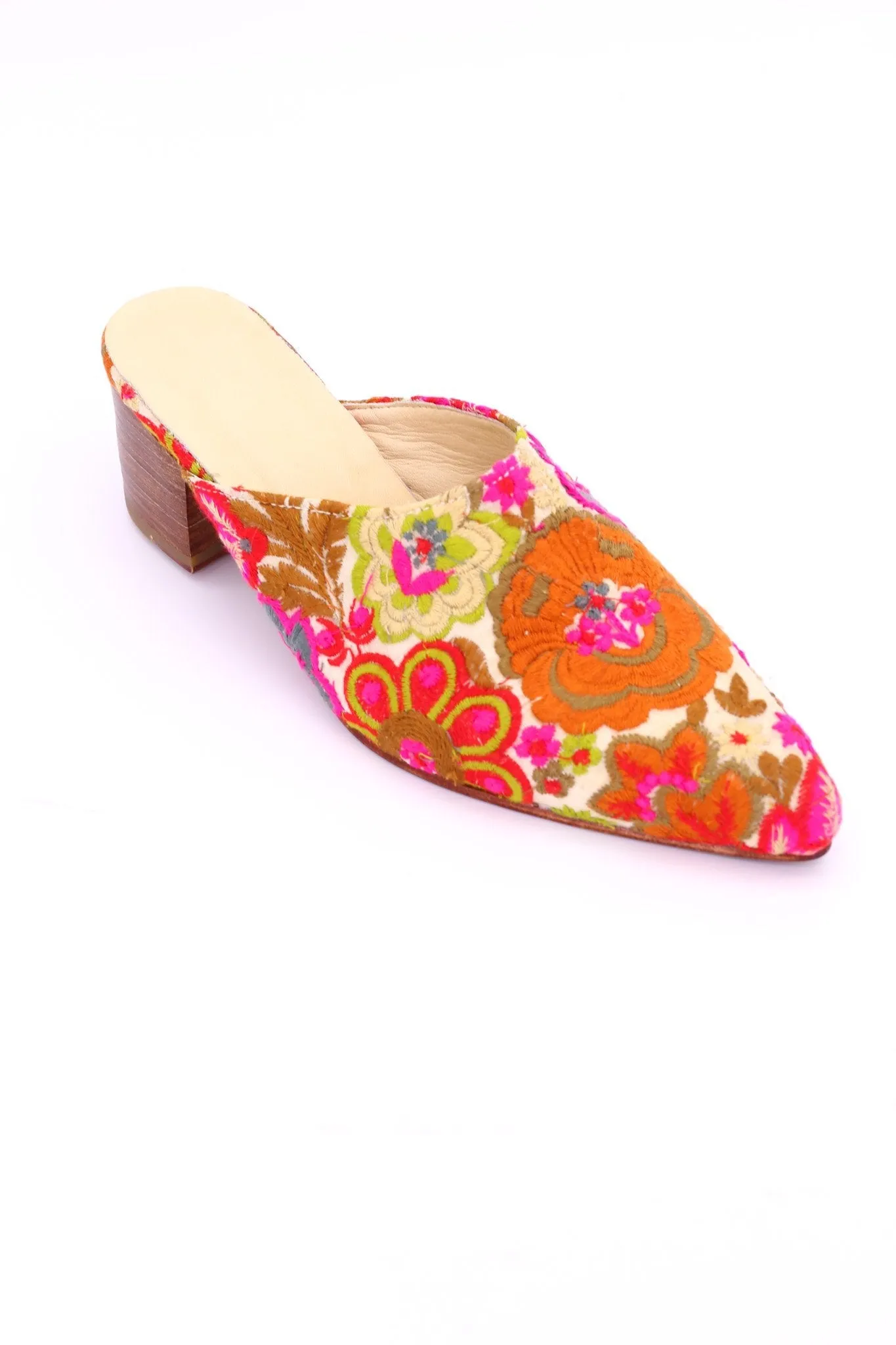 EMBROIDERED HEELED MULES ELLIE