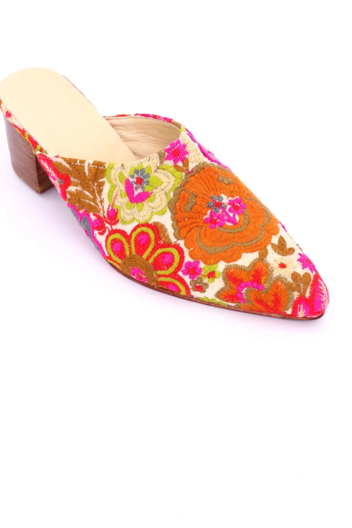 EMBROIDERED HEELED MULES ELLIE