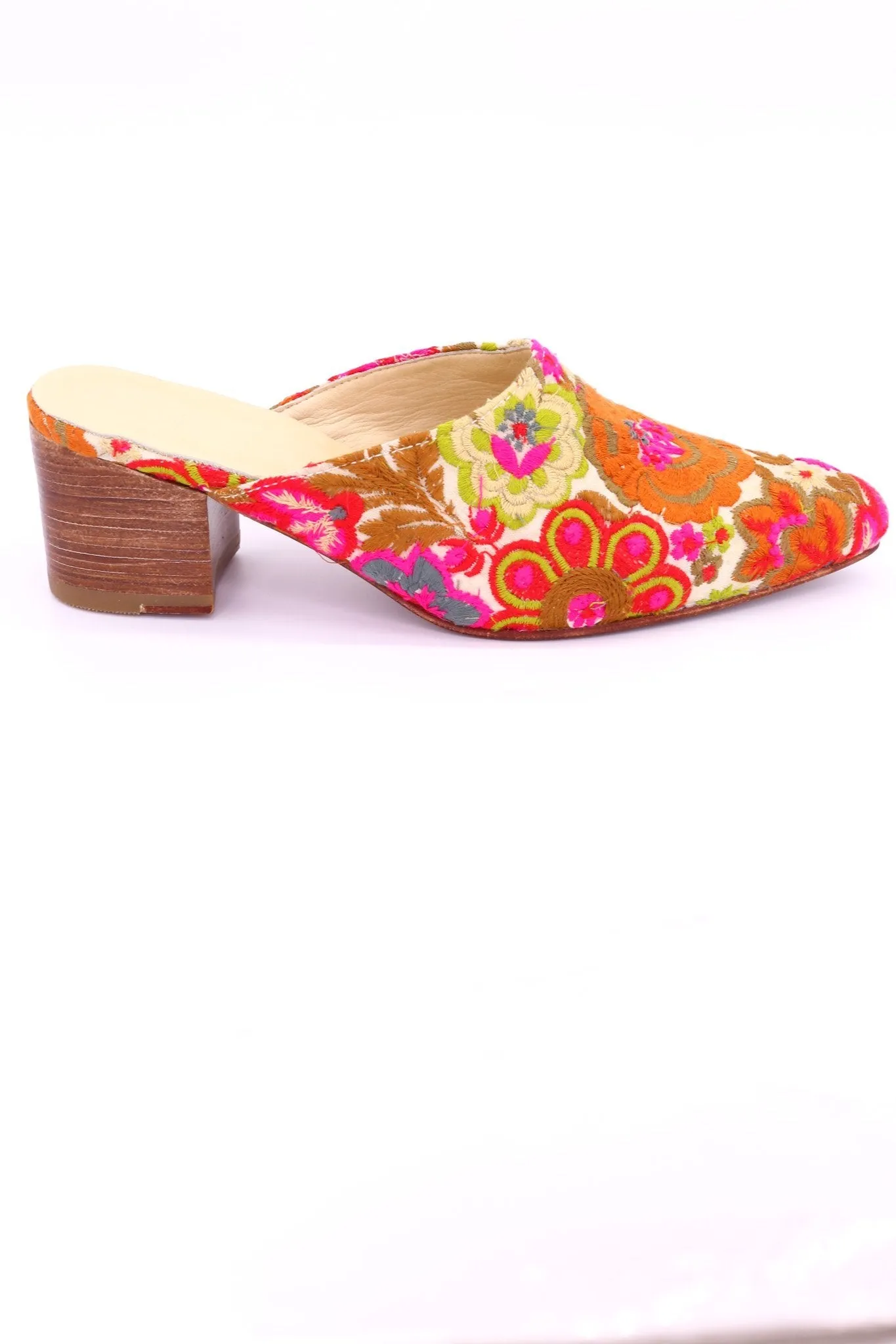 EMBROIDERED HEELED MULES ELLIE