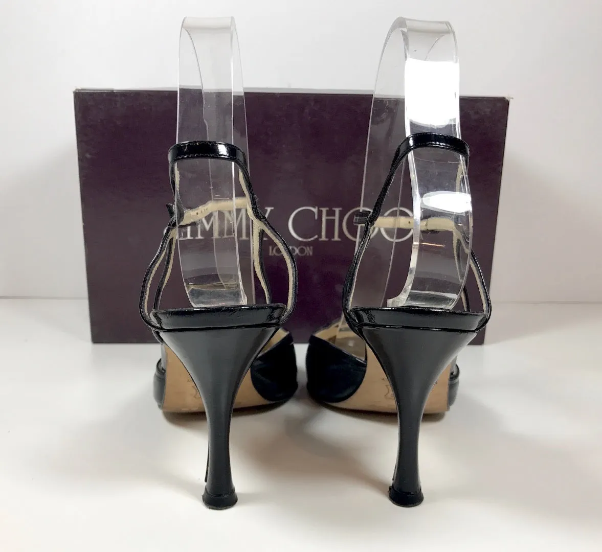 JIMMY CHOO Black Leather Square Toe with Cutout Vamp Patent Leather Detailing Size 6 1/2