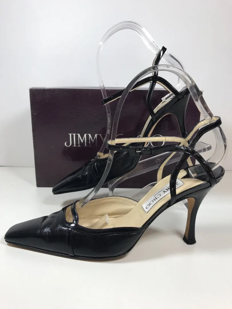 JIMMY CHOO Black Leather Square Toe with Cutout Vamp Patent Leather Detailing Size 6 1/2