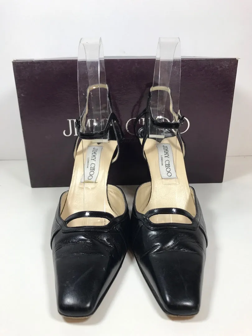 JIMMY CHOO Black Leather Square Toe with Cutout Vamp Patent Leather Detailing Size 6 1/2