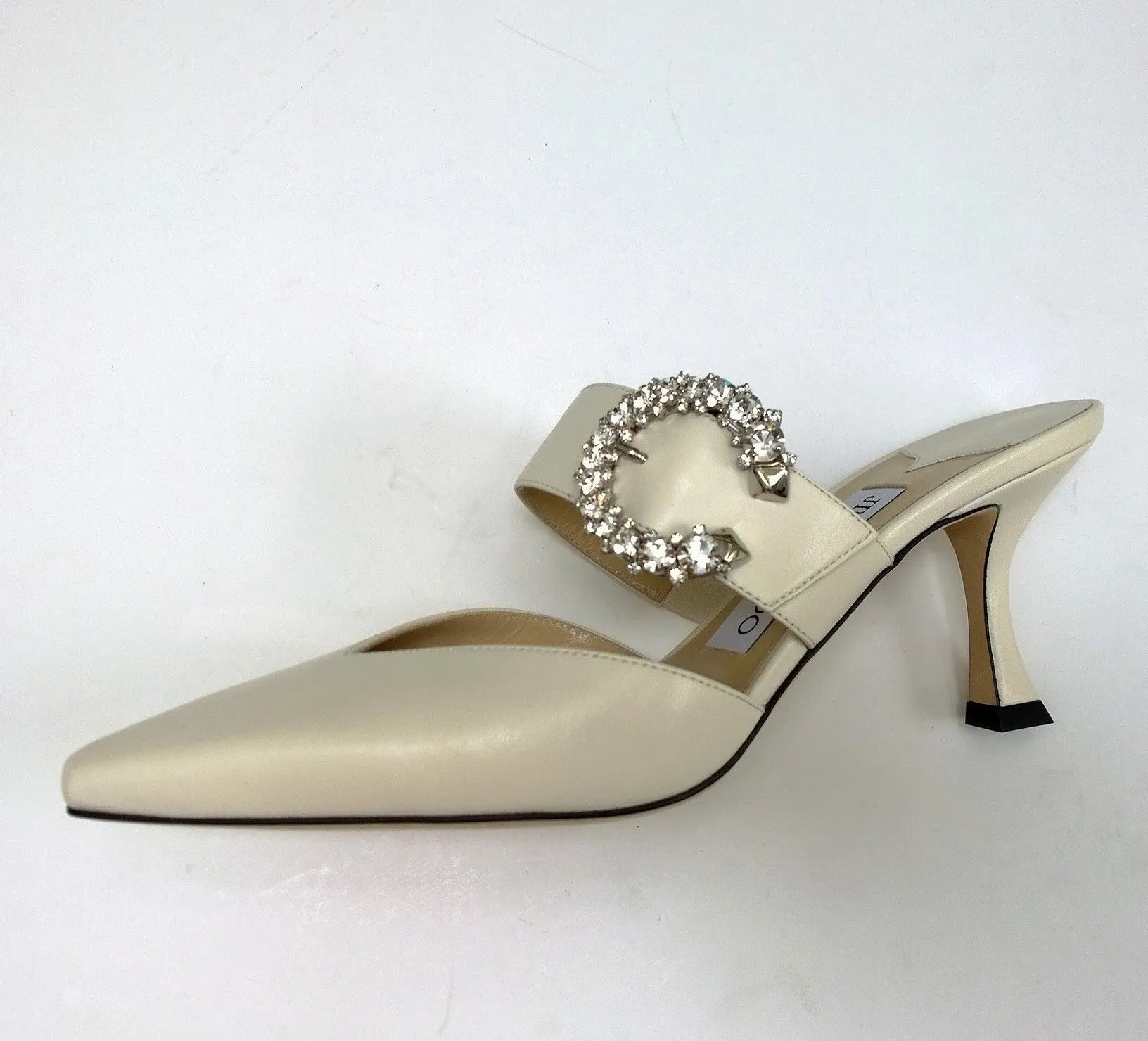 Jimmy Choo Marta 70 Latte Cream Leather Mules with Rhinestone Buckle Strass Heels