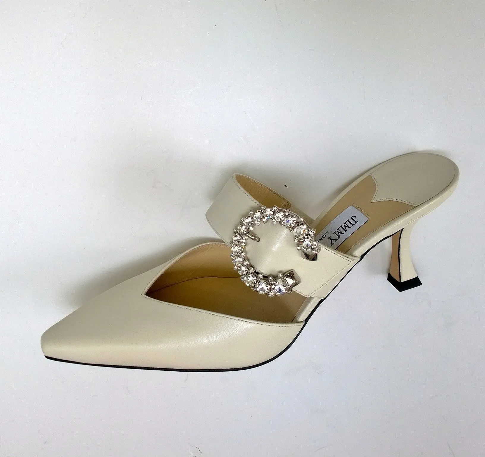 Jimmy Choo Marta 70 Latte Cream Leather Mules with Rhinestone Buckle Strass Heels