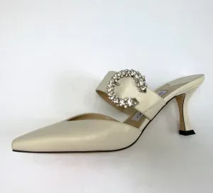 Jimmy Choo Marta 70 Latte Cream Leather Mules with Rhinestone Buckle Strass Heels