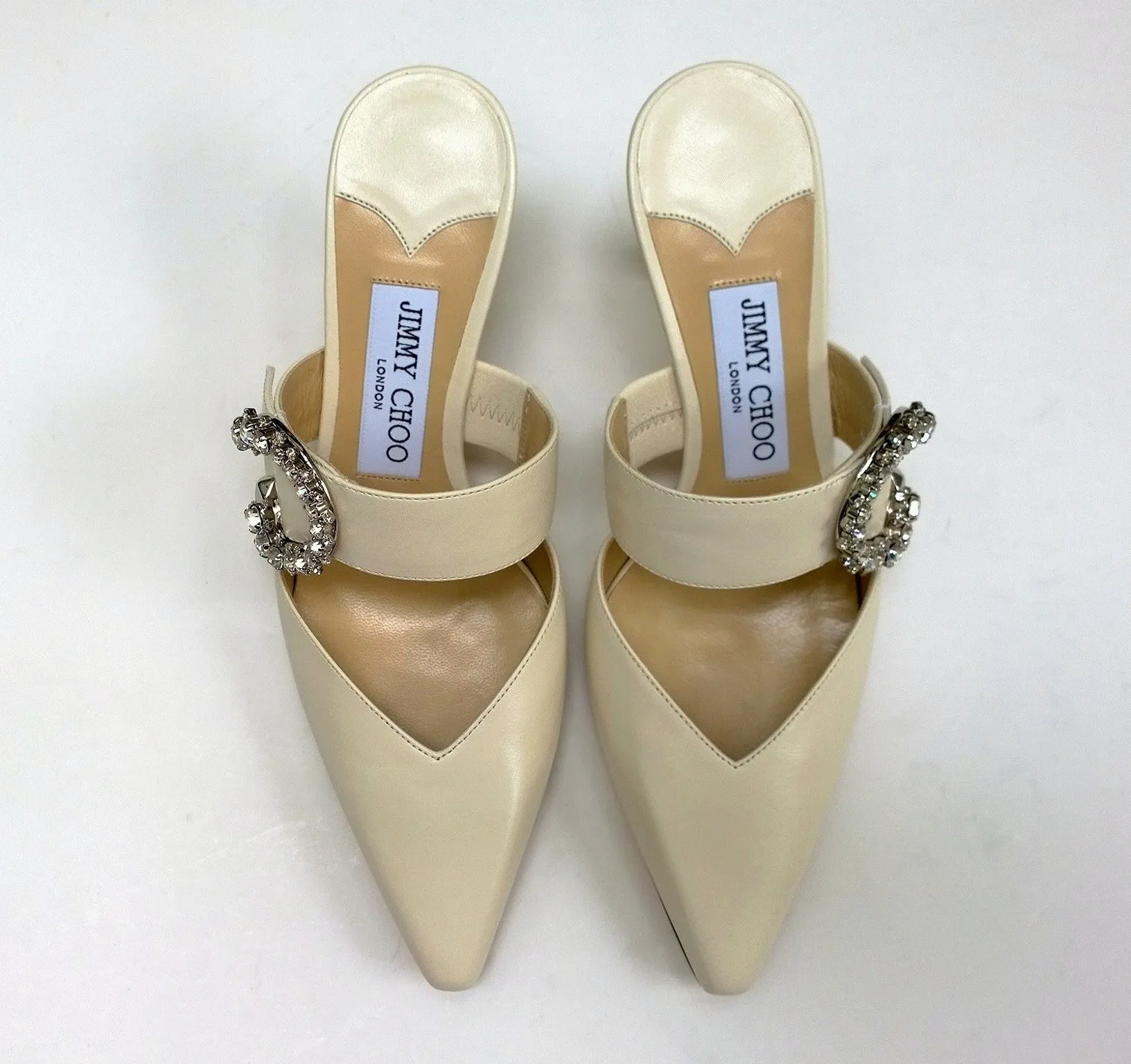 Jimmy Choo Marta 70 Latte Cream Leather Mules with Rhinestone Buckle Strass Heels