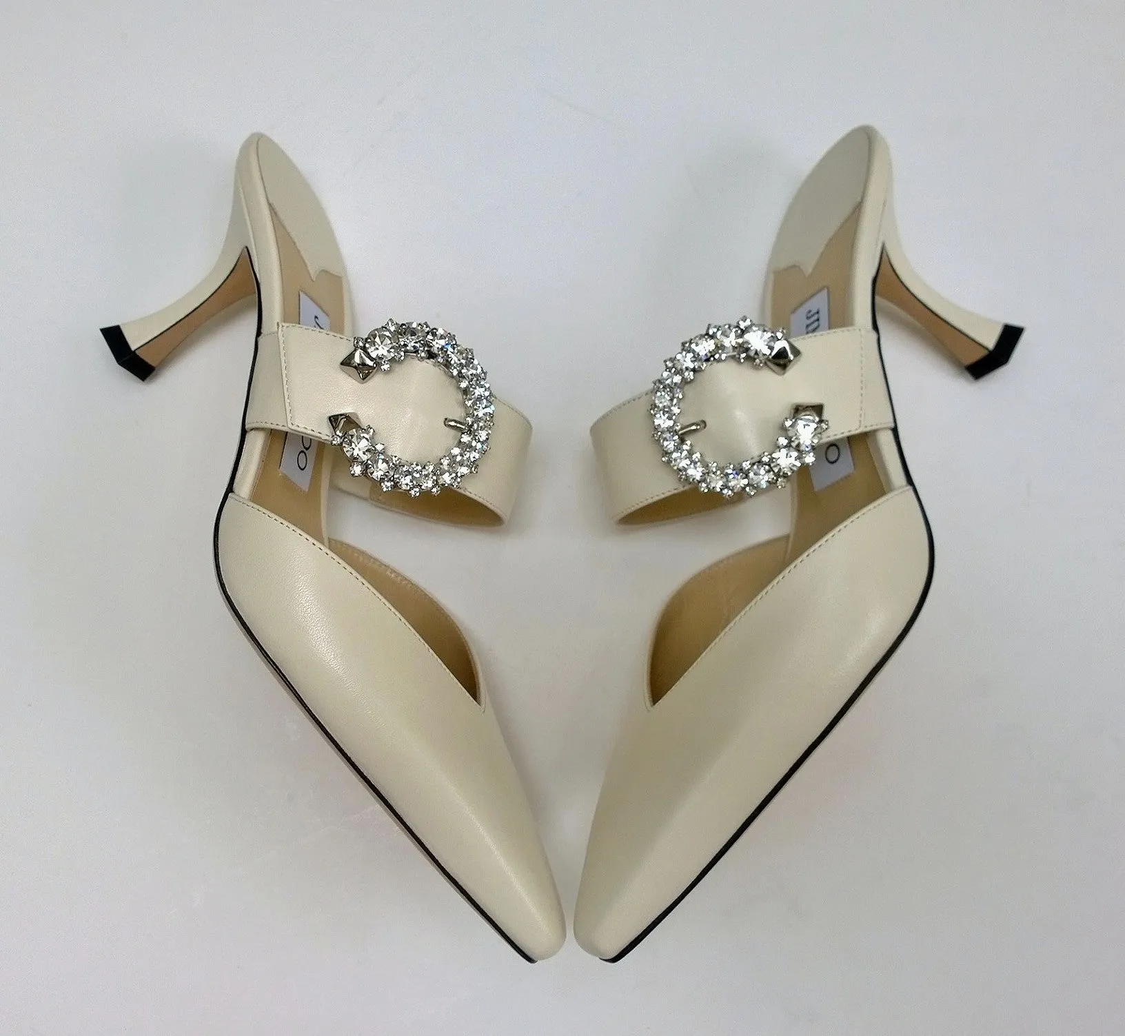 Jimmy Choo Marta 70 Latte Cream Leather Mules with Rhinestone Buckle Strass Heels