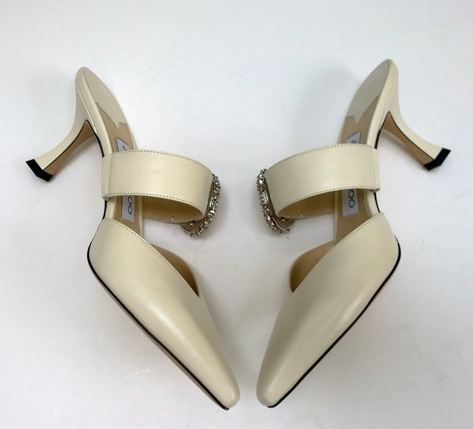 Jimmy Choo Marta 70 Latte Cream Leather Mules with Rhinestone Buckle Strass Heels