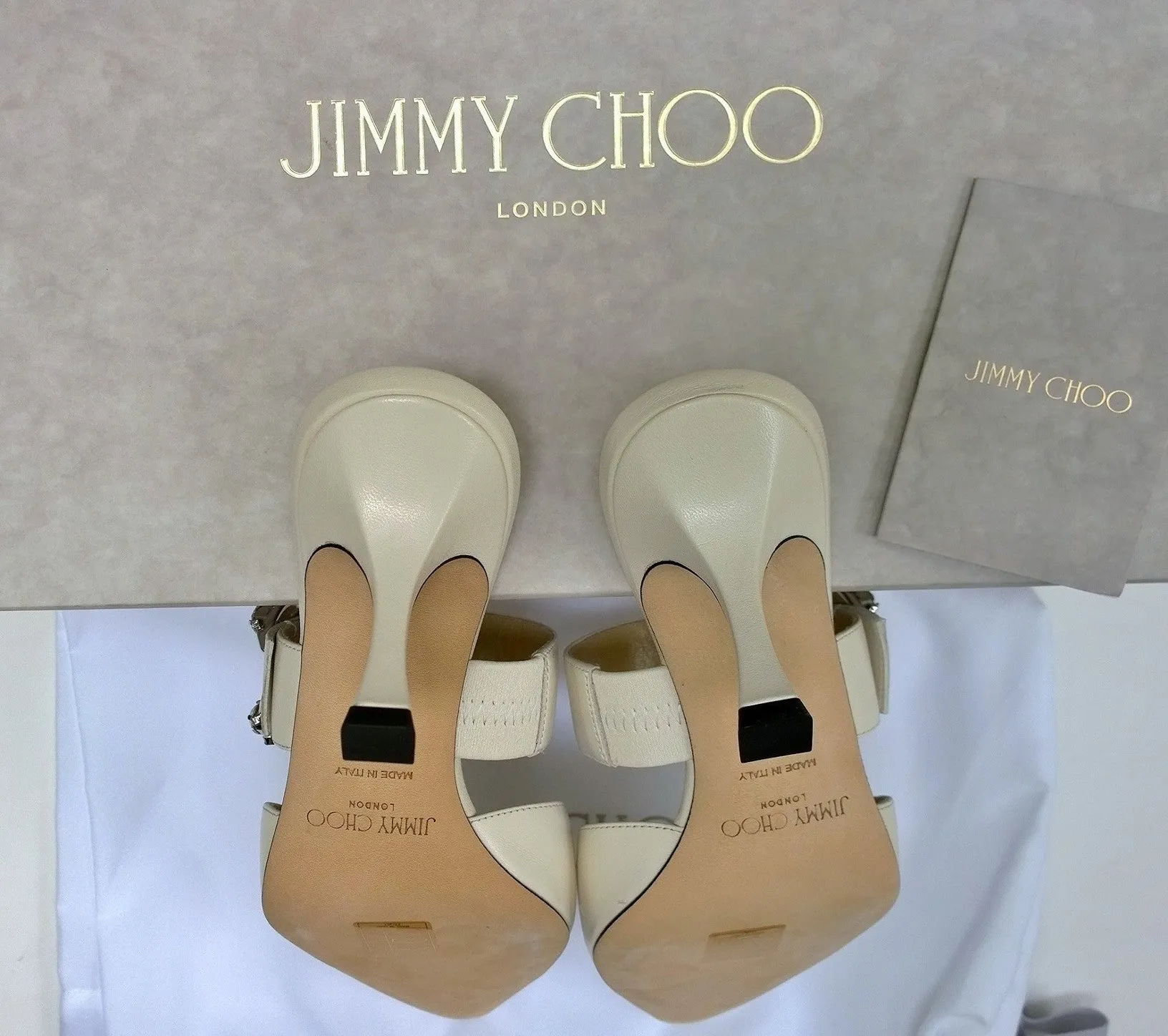 Jimmy Choo Marta 70 Latte Cream Leather Mules with Rhinestone Buckle Strass Heels