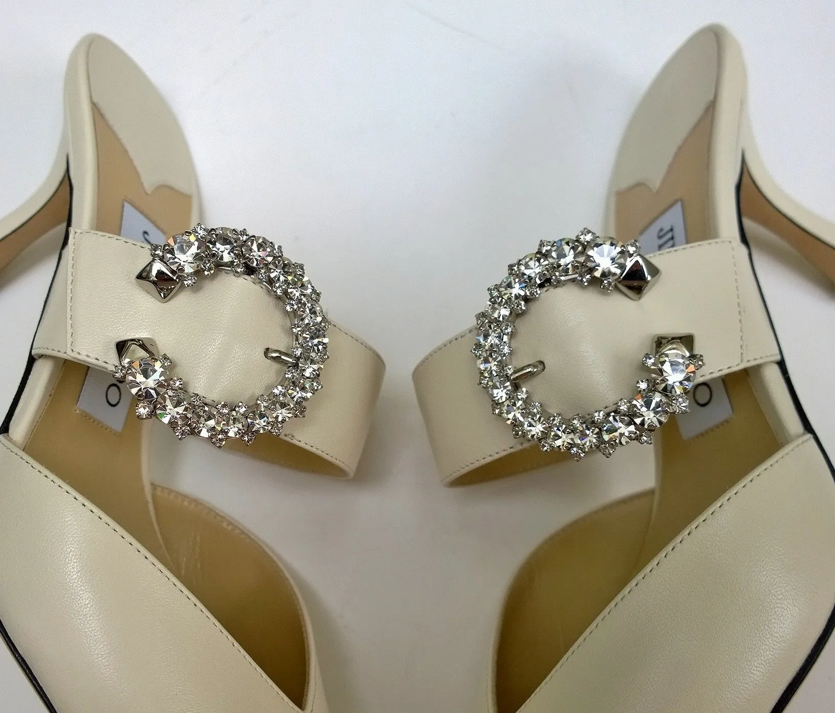 Jimmy Choo Marta 70 Latte Cream Leather Mules with Rhinestone Buckle Strass Heels