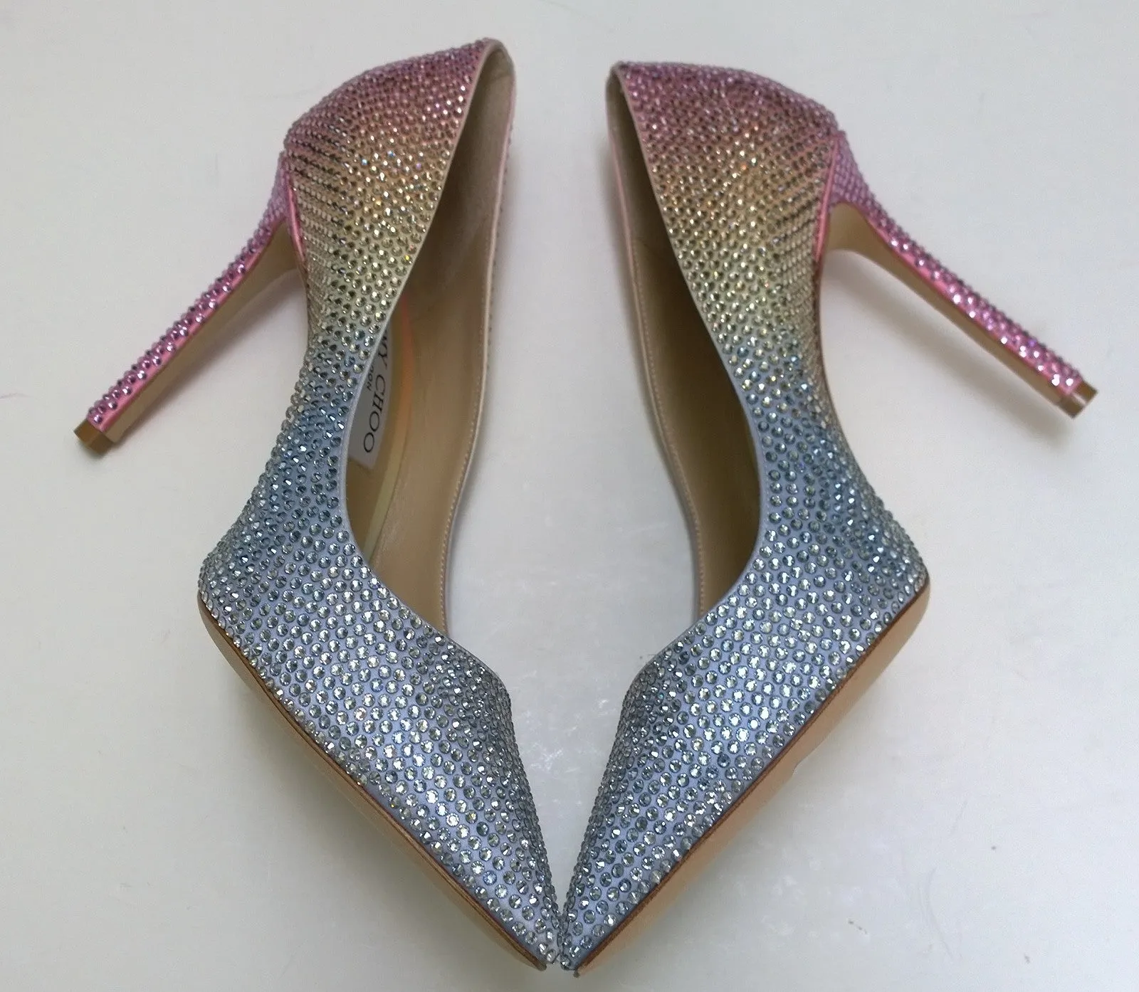 Jimmy Choo Romy 100 Rhinestone Rainbow Heels in Sky Mix