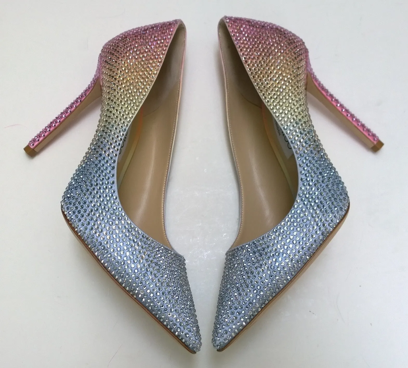 Jimmy Choo Romy 100 Rhinestone Rainbow Heels in Sky Mix