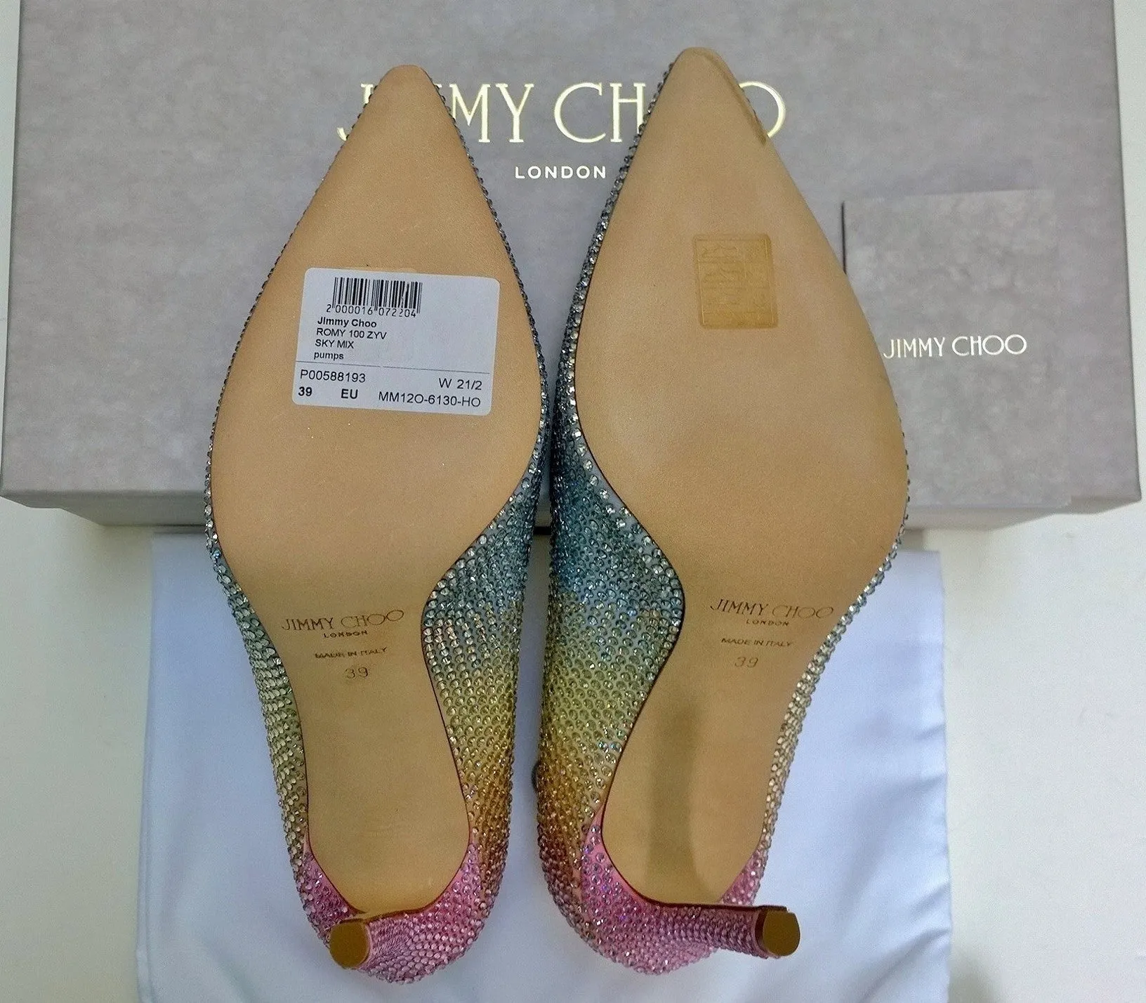 Jimmy Choo Romy 100 Rhinestone Rainbow Heels in Sky Mix