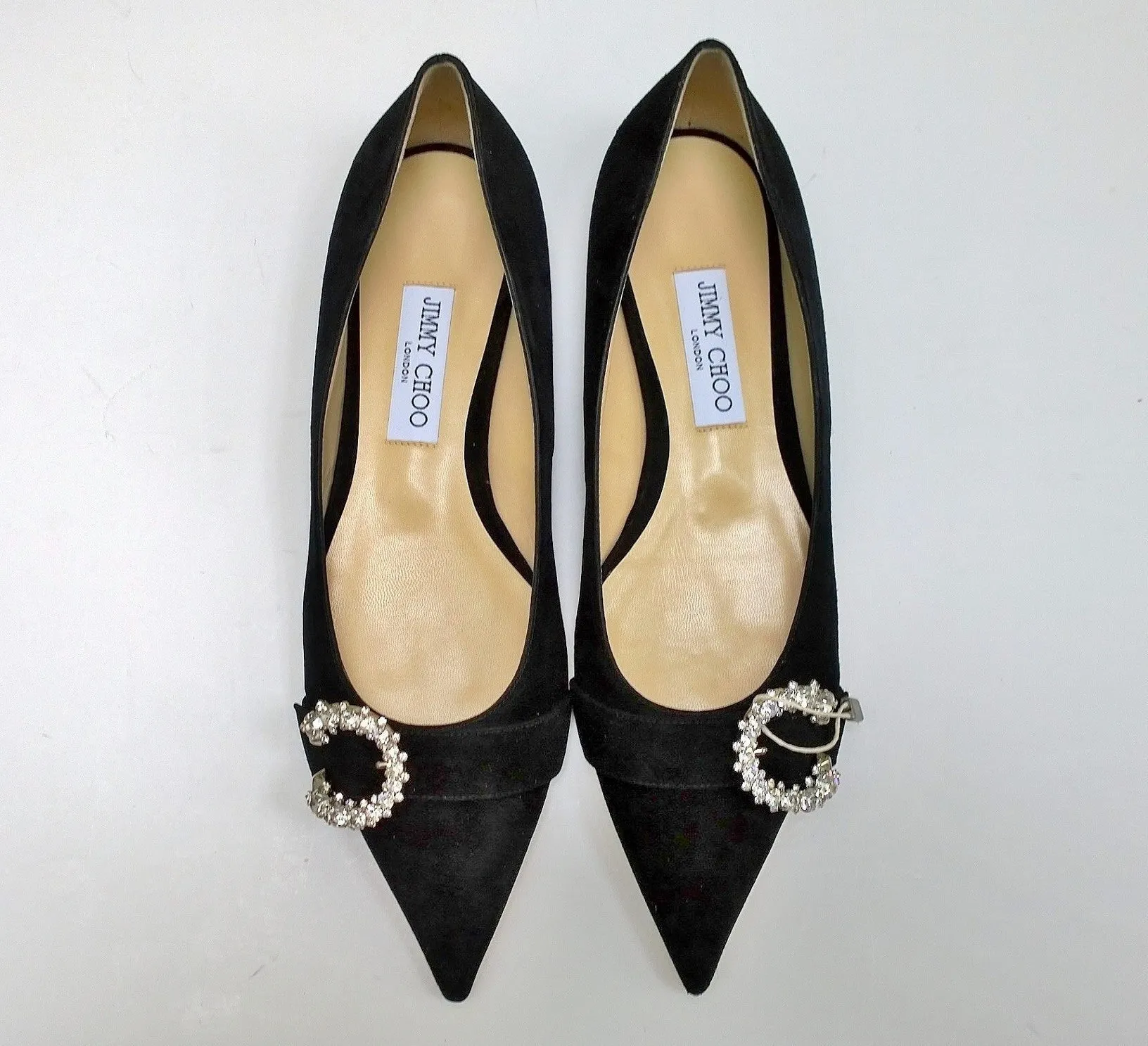 Jimmy Choo Saresa Black Suede Rhinestone Buckle Flats Shoes