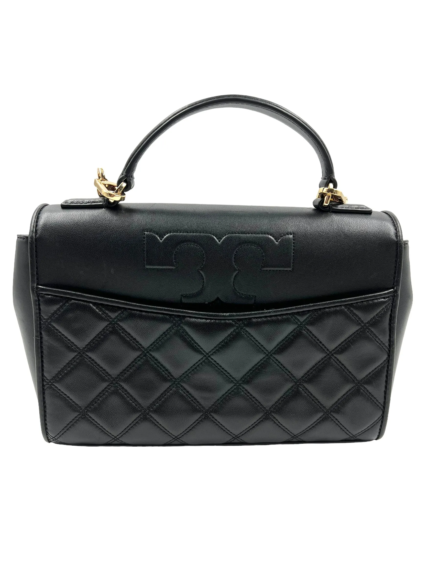 Tory Burch Black Leather Quilted Logo Flap Bag