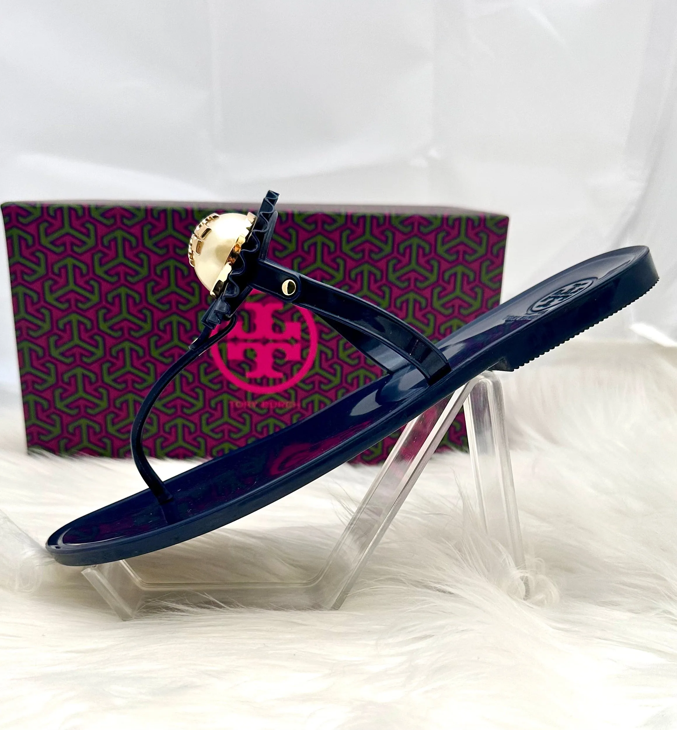 Tory Burch Melody Sandal Pearl Navy Gold Jelly Size 7 (preowned)