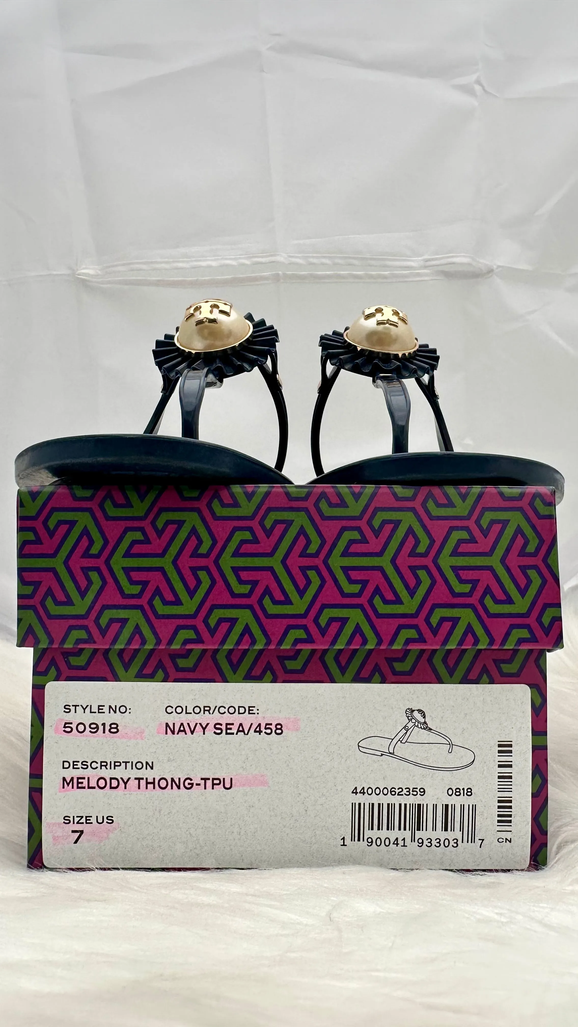 Tory Burch Melody Sandal Pearl Navy Gold Jelly Size 7 (preowned)