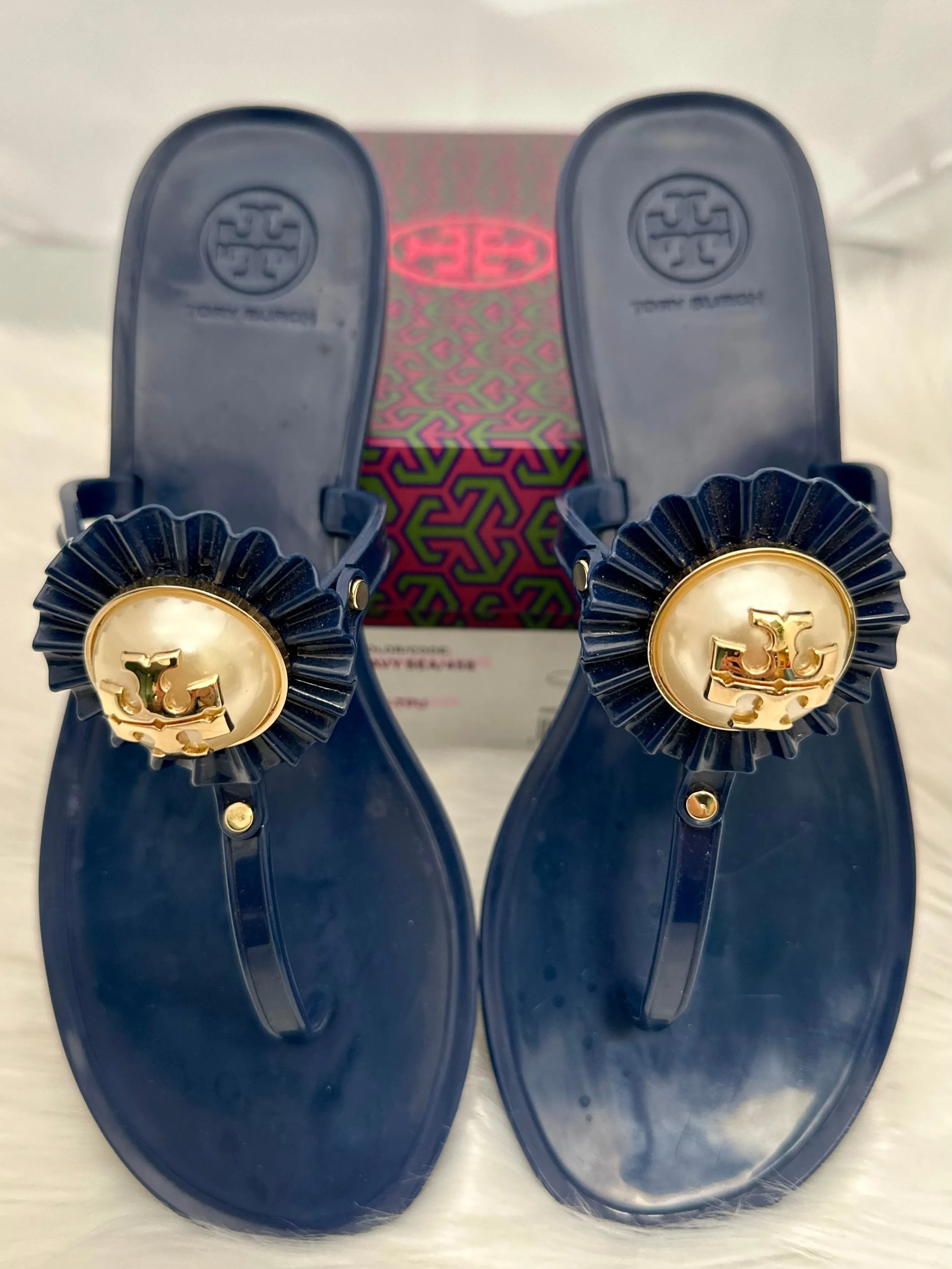 Tory Burch Melody Sandal Pearl Navy Gold Jelly Size 7 (preowned)