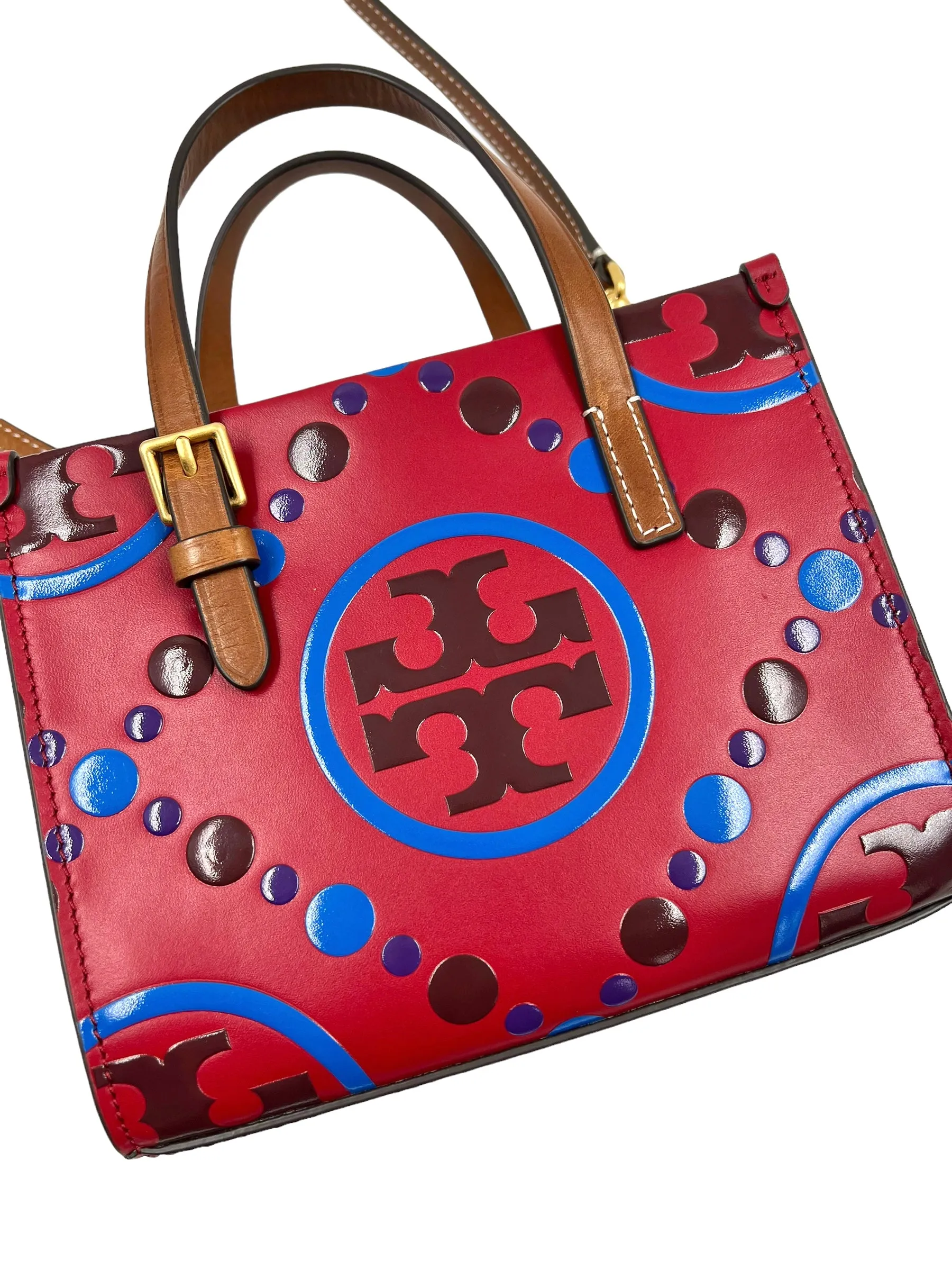 Tory Burch Mini T Leather Monogram Contrast Embossed Square Tote